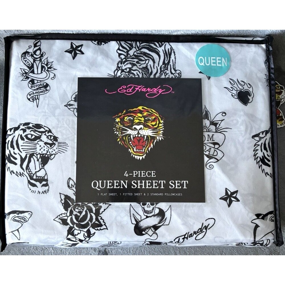 Ed Hardy Queen Sheet Set 4 Piece White Black Tiger Skull Tattoo Bedding New